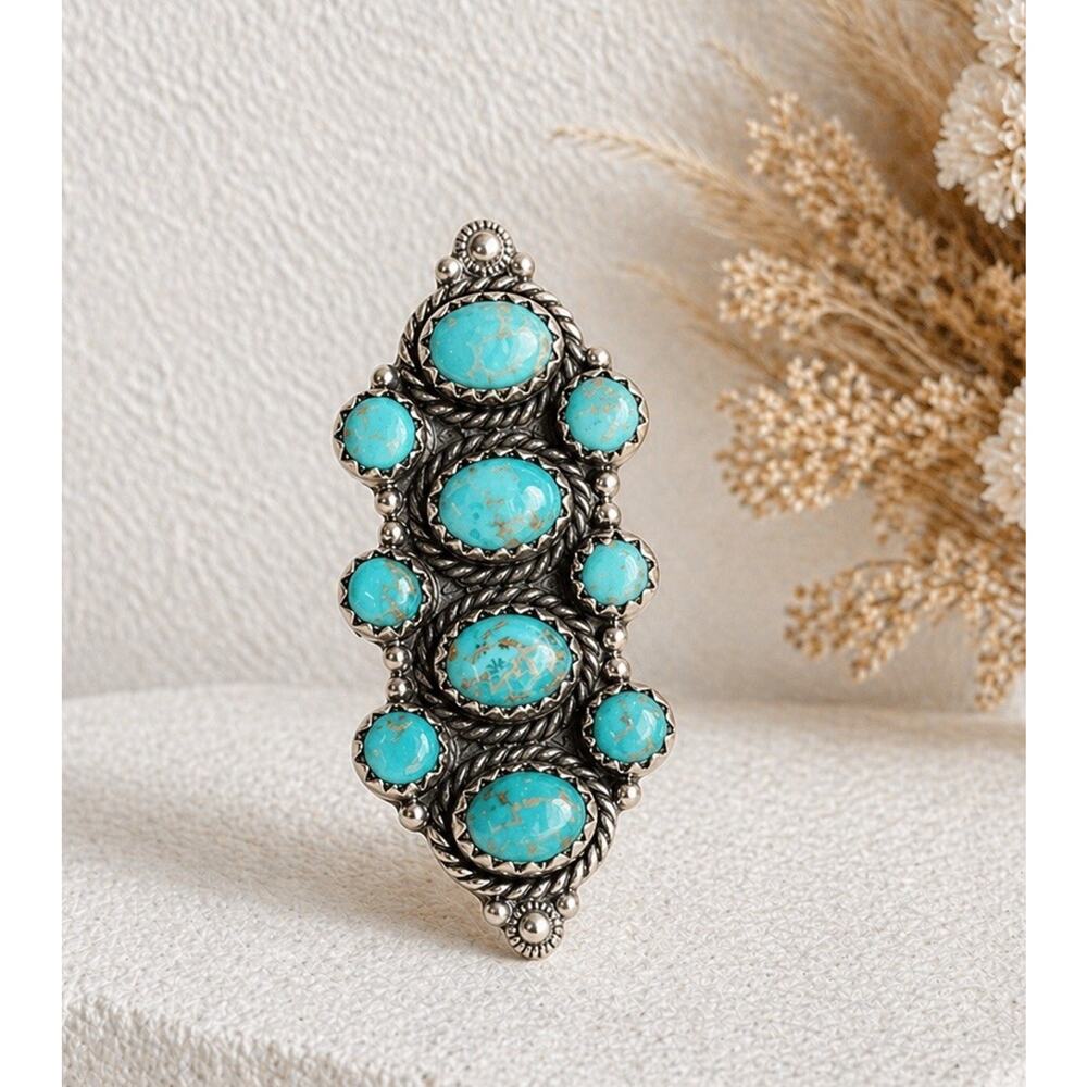 Turquoise Cluster Ring Sterling Silver Native Style Southwest Long Adjustable - Picture 3 of 10